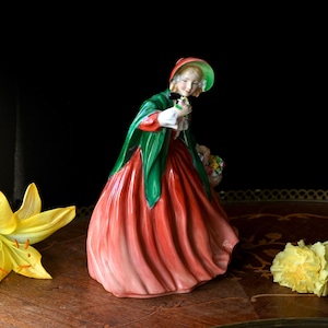 Vintage Royal Doulton Figurine – Lady Charmian HN 1949 Bone China Lady in Red Dress & Green Cloak 1940s