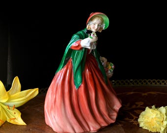 Vintage Royal Doulton Figurine – Lady Charmian HN 1949 Bone China Lady in Red Dress & Green Cloak 1940s