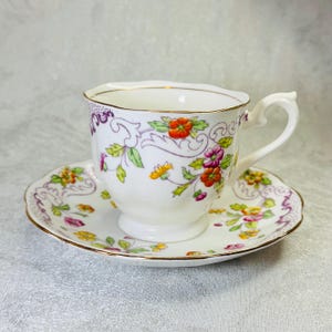 Royal Albert Crown China - Hand-Painted Floral Teacup and Saucer Set, 1930s England, Purple Scrollwork & Gold Trim, Art Deco Bone China