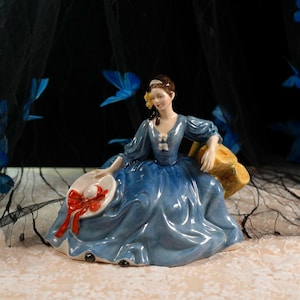 Vintage Royal Doulton Figurine Beauty – “Elyse” HN2429 by Peggy Davies – Blue Gown Seated Lady with Hat, England Bone China 1970s