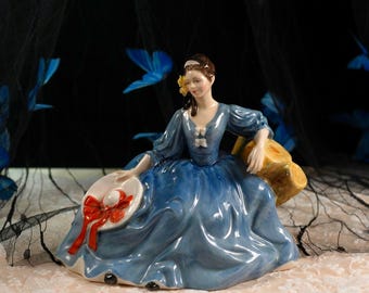 Vintage Royal Doulton Figurine Beauty – “Elyse” HN2429 by Peggy Davies – Blue Gown Seated Lady with Hat, England Bone China 1970s