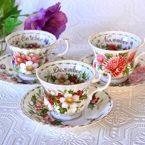 Taza de té y platillo vintage Royal Albert Flor del Mes (octubre, noviembre, diciembre, otoño e invierno), regalo floral de porcelana fina, Inglaterra, década de 1970.