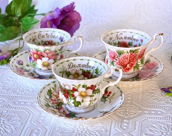 Vintage Royal Albert Flower of the Month Teacup & Saucer – October, November, December – Autumn Winter Floral Bone China Gift, England 1970s