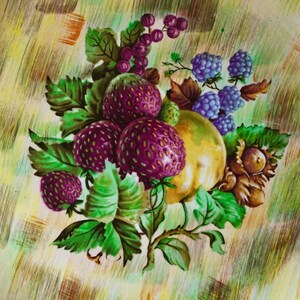 May include: A still life painting featuring a vibrant arrangement of fruits. The composition includes ripe strawberries, blackberries, and currants, along with a yellow fruit, all set against a textured background with green and brown brushstrokes.