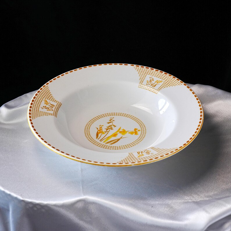 May include: White ceramic bowl with a gold rim and floral design. The bowl features a decorative border and a central floral motif in shades of yellow and gold. The bowl is set against a white satin background.