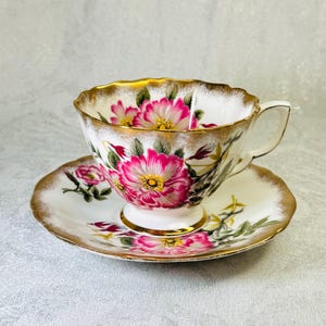 Vintage Adderley Fine Bone China Teacup and Saucer Set – Hand-Painted Pink Wild Roses, Heavy Gold Trim, England 1950s, Mother’s Day Gift