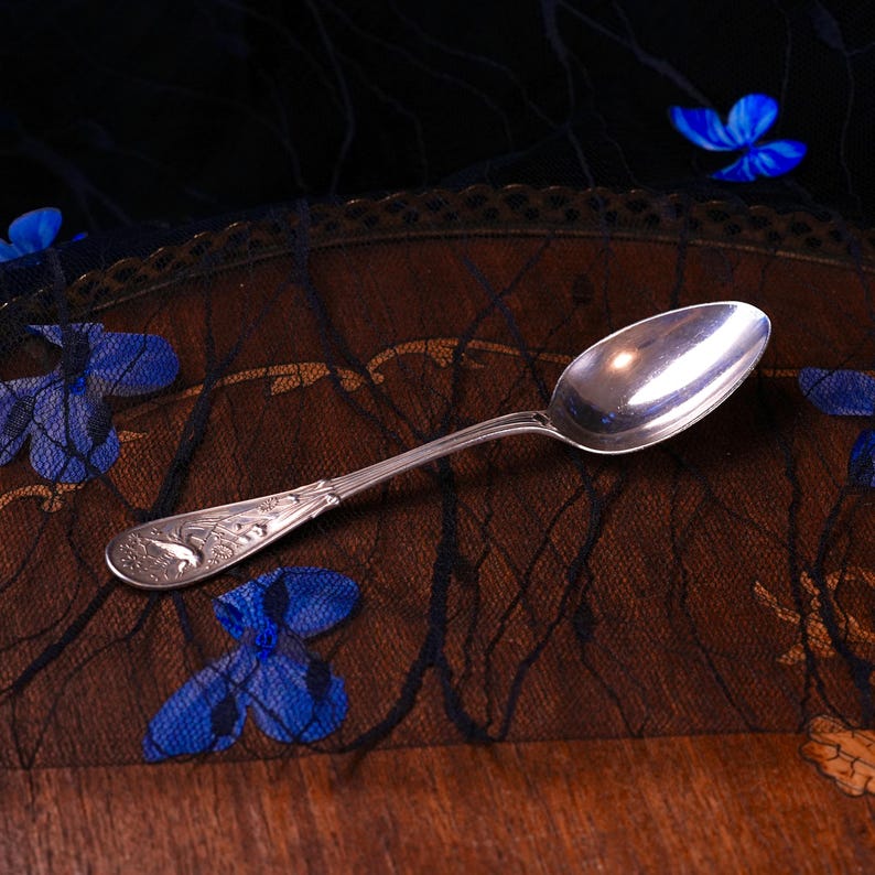 Puede incluir: Una cuchara de metal plateado con un cuenco alargado y un mango decorado con un motivo floral y de ave en relieve. El mango presenta un dise&ntilde;o acanalado que conduce al cuenco, el cual tiene una superficie lisa, brillante y reflectante.