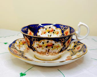 Antique Royal Albert “Heirloom” Blue Cobalt Footed Teacup and Saucer - Hand-Painted Floral & Gold Design, 1925-1927, England Collectible