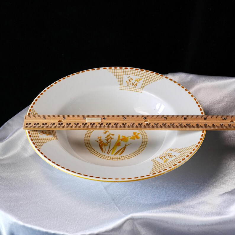 May include: White ceramic bowl with a gold rim and floral design. The bowl has a diameter of approximately 10 inches. The bowl's design includes a gold grid pattern and yellow floral accents.