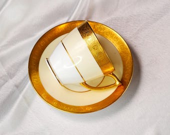 Antique Mintons for Birks Gold Encrusted Bone China Demitasse Cup & Saucer – Acid-Etched Gold Band, Art Nouveau, Cream Ground, England 1920s