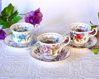 vintage Tasse à thé et soucoupe Royal Albert - juillet myosotis, août pavot, septembre Saint-Michel Daisy, série floral automne cadeau Angleterre des années 1970