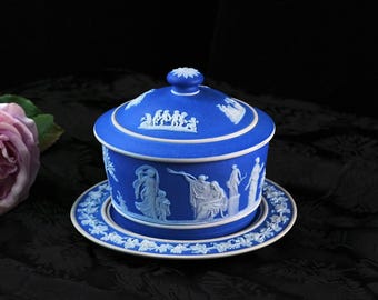 Vintage Wedgwood Portland Blue Jasperware Covered Box & Underplate, Neoclassical Relief Figures, Antique English Stoneware, England 1920s