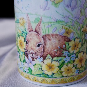 Puede incluir: Una taza cil&iacute;ndrica de cer&aacute;mica con una ilustraci&oacute;n detallada de un conejo marr&oacute;n entre flores de primavera amarillas y flores moradas en forma de campana. La base de la taza est&aacute; decorada con un patr&oacute;n geom&eacute;trico de color amarillo y verde.