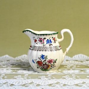 Jarra para leche Spode antigua: Jarra para leche con diseño floral de "rosa china" y borde verde, loza Copeland England, década de 1930, coleccionable vintage.