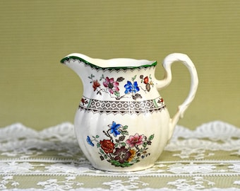 Antieke sporemelkkan - "Chinese roos"-patroon bloemenkan met groene rand, Copeland-aardewerk, Engeland, vintage jaren '30 voor verzamelaars