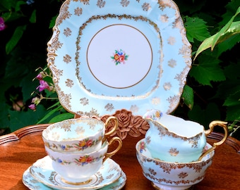 Antique Paragon Powder Blue & Gold Lace Bone China, Royal Double Warrent – Trio, Creamer, Sugar Bowl, Square Cake Plate 1930s, Sale Seprate
