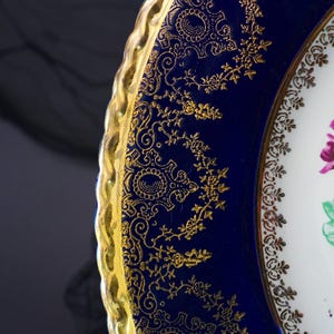 Antique T G Green Handcraft Cobalt Raised Gold Cabinet Plate – Hand-Painted Roses, Signed M. Langbrock, Church Gresley England 1940s image 4