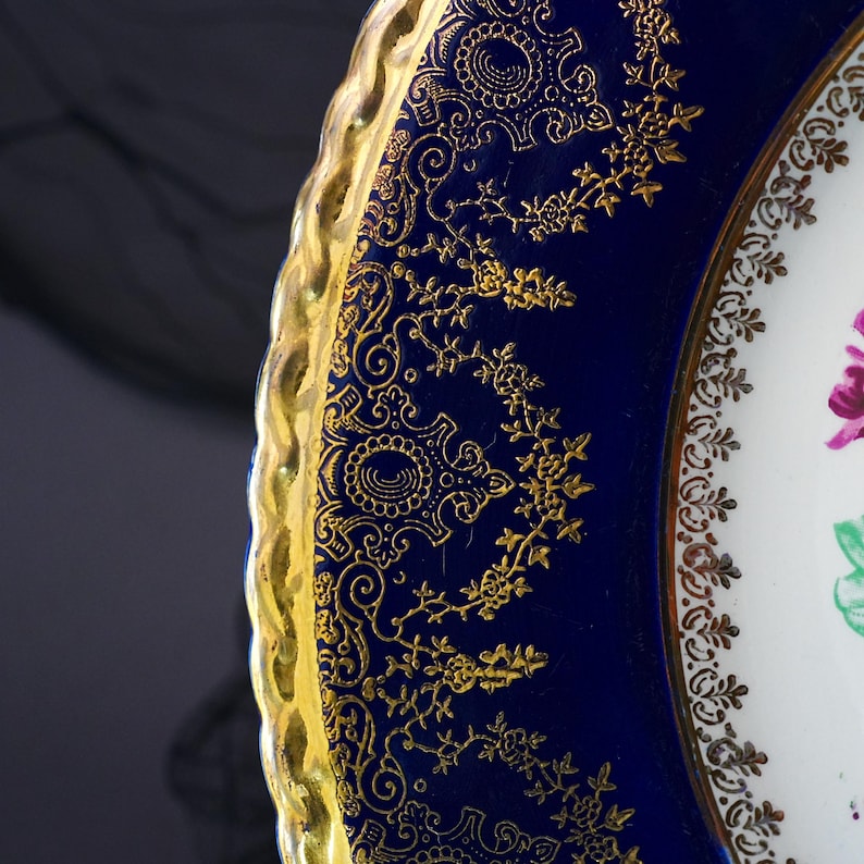 Antique T G Green Handcraft Cobalt Raised Gold Cabinet Plate – Hand-Painted Roses, Signed M. Langbrock, Church Gresley England 1940s image 4