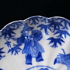 Puede incluir: Secci&oacute;n de un plato de cer&aacute;mica blanca con una ilustraci&oacute;n azul y blanca. El dise&ntilde;o presenta una figura con vestimenta tradicional, rodeada de hojas estilizadas. El borde del plato tiene un dise&ntilde;o festoneado.