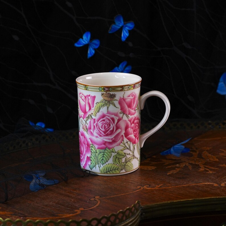 Vintage Royal Bone China Mug Pair – Collector's Series Botanical Pink Roses, Stained Glass Gilt Border, Matched Set, Thailand 1990s image 5