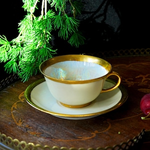 Puede incluir: Un juego de taza y platillo blancos con ribetes dorados. La taza tiene un interior nacarado y se asienta sobre un platillo a juego. El juego está sobre una bandeja de madera con ribetes dorados decorativos, con follaje verde en el fondo.