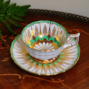 Vintage Royal Chelsea Teacup and Saucer - Hand-Painted Green and Gold Art Deco Leaf Pattern, Fine Bone China, England 1950s Collectible