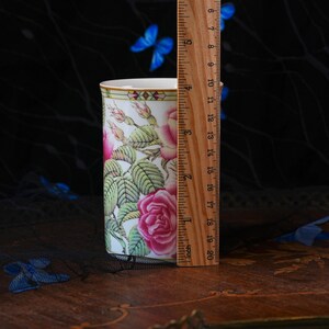 Vintage Royal Bone China Mug Pair – Collector's Series Botanical Pink Roses, Stained Glass Gilt Border, Matched Set, Thailand 1990s image 7