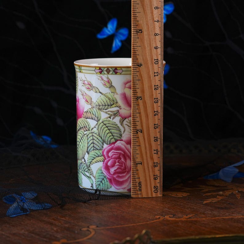 Vintage Royal Bone China Mug Pair – Collector's Series Botanical Pink Roses, Stained Glass Gilt Border, Matched Set, Thailand 1990s image 7