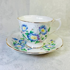 Vintage Royal Albert “Morning Glory” Floral Bone China Teacup and Saucer, Friendship Series, Gold Trim England, 1960s Collectible Teaware