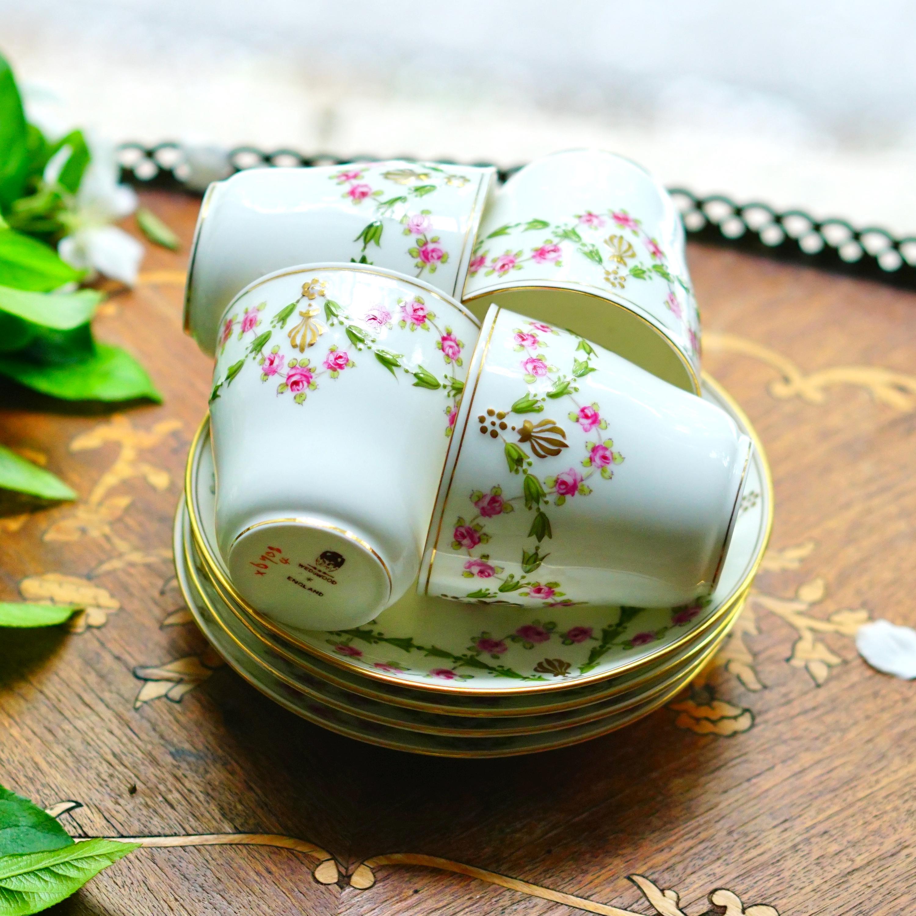 Antique Wedgwood Pink Rose Garland Tea Set – Elegant Raised Floral