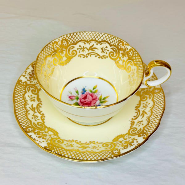 Vintage Aynsley Bone China Teacup and Saucer Set - Pink Rose Center, Gold Lace Trim, English Bone China, 1930s Collectible Antique Teaware