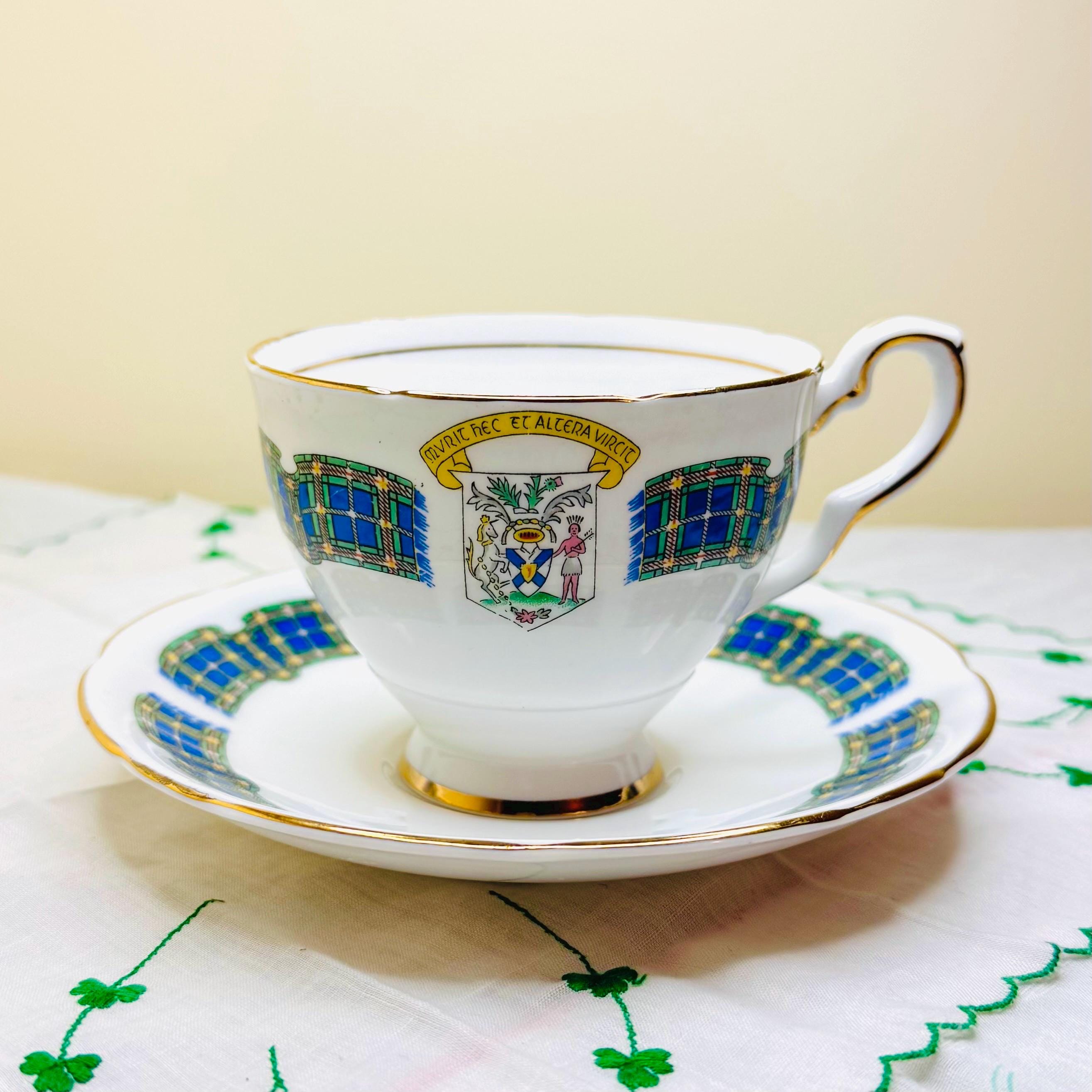 Vintage Royal Stafford Bone China Teacup & Saucer - “Nova Scotia” Tartan, Provincial Crest, Gold Trim, 1940s, Made in England