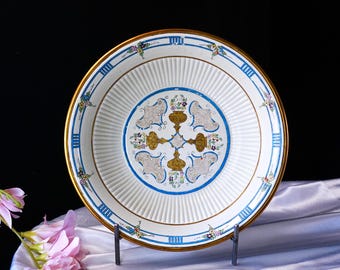 Antique Ridgways Old Ivory Bedford Ware Bowl – Gold Urns, Blue Scrollwork Medallion, Fluted Sides, Hand Painted, England 1920s