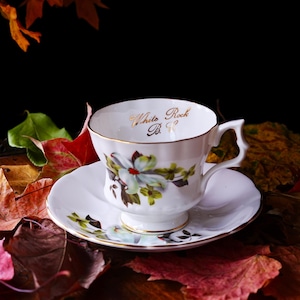 May include: A white teacup and saucer set featuring a floral pattern in blue, green, and red. The teacup has gold detailing and the words "White Rock B.C." in gold. The set rests on a wooden surface surrounded by autumnal leaves.