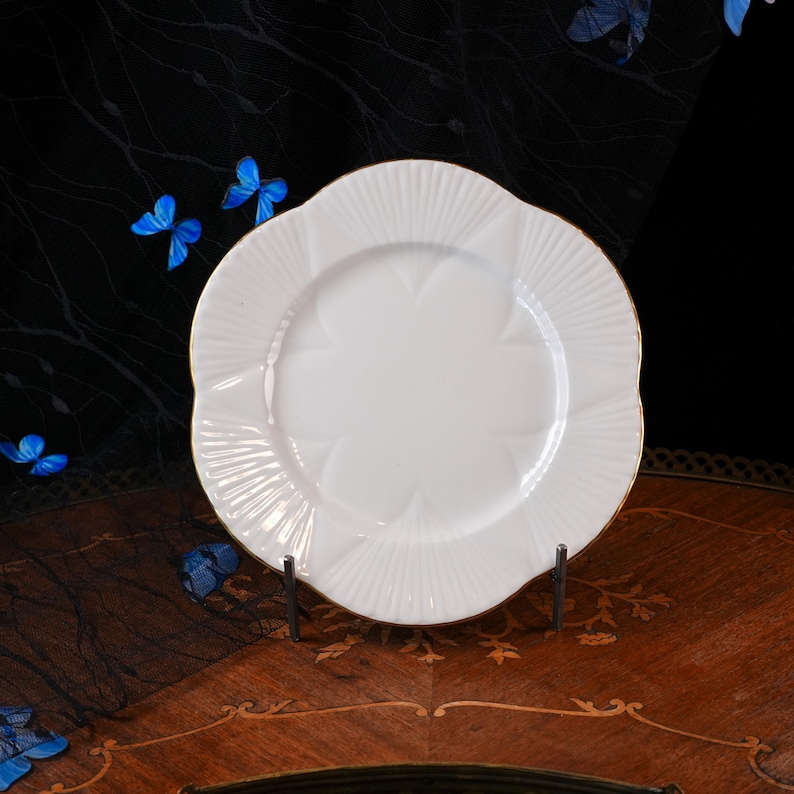 Vintage Shelley Dainty White Fluted Bone China Plate – Scalloped Gold Rim, Ribbed Radiating Panels, Salad Dessert Tea Dish, England 1950s image 1