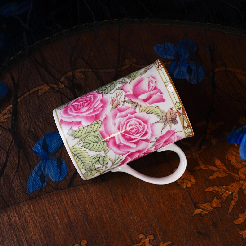 Vintage Royal Bone China Mug Pair – Collector's Series Botanical Pink Roses, Stained Glass Gilt Border, Matched Set, Thailand 1990s image 6