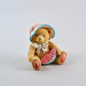Vintage Cherished Teddies “Julie – July” Figurine by Enesco, 1993 Collectible Bear with Watermelon, Designed by P. Hillman, Summer Vacation