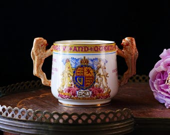 Antique Paragon George VI & Queen Elizabeth Coronation Loving Cup – Lion Figural Handles, Royal Arms, Commemorative China, England 1937