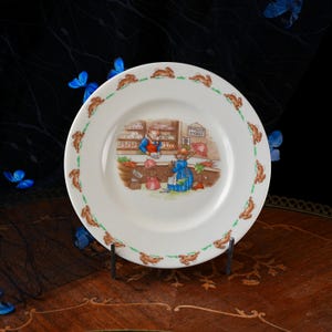 Vintage Royal Doulton Bunnykins Child's Plate – Mr Piggly's Stores Shop Scene, Running Rabbit Border, English Bone China Nursery Ware 1960s image 1