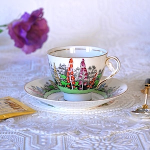 Vintage Adderley "Alton" tekopp och fat i benporslin – handnumrerad 7238, livfull stugträdgårdsdesign med lupinmotiv, guldkant (1960-talets England)