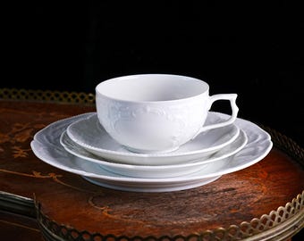 Vintage Rosenthal Sanssouci White Embossed Porcelain Place Setting – Teacup, Luncheon & Side Plate, Rococo Relief Classic Rose Germany 1970s