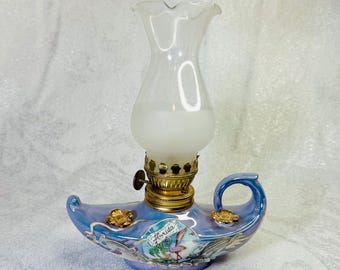 Vintage Japanese Dragon Oil Lamp - Blue Glazed Porcelain, Hand-Painted Florida Flamingo Scene, Raised Silver Detailing, 1970s Collectible