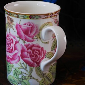 Vintage Royal Bone China Mug Pair – Collector's Series Botanical Pink Roses, Stained Glass Gilt Border, Matched Set, Thailand 1990s image 4