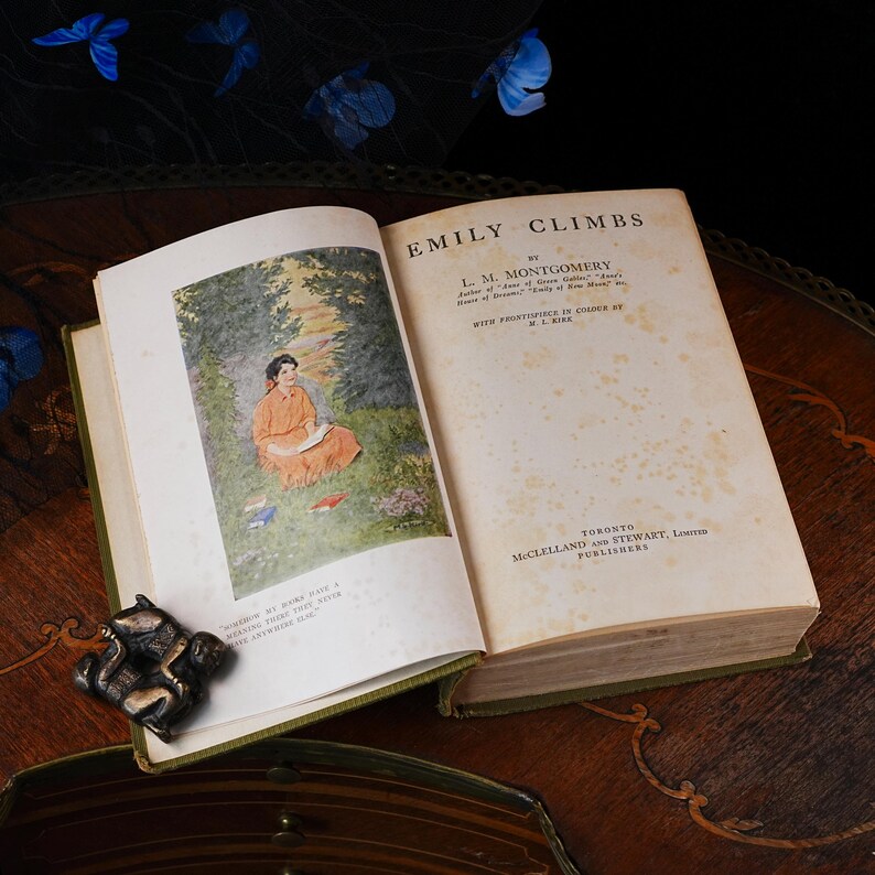 Puede incluir: Un libro de tapa dura antiguo abierto titulado Emily Climbs de L. M. Montgomery. La p&aacute;gina izquierda presenta una ilustraci&oacute;n en color de una persona con un vestido naranja sentada en una zona de hierba. La p&aacute;gina derecha contiene texto y manchas.