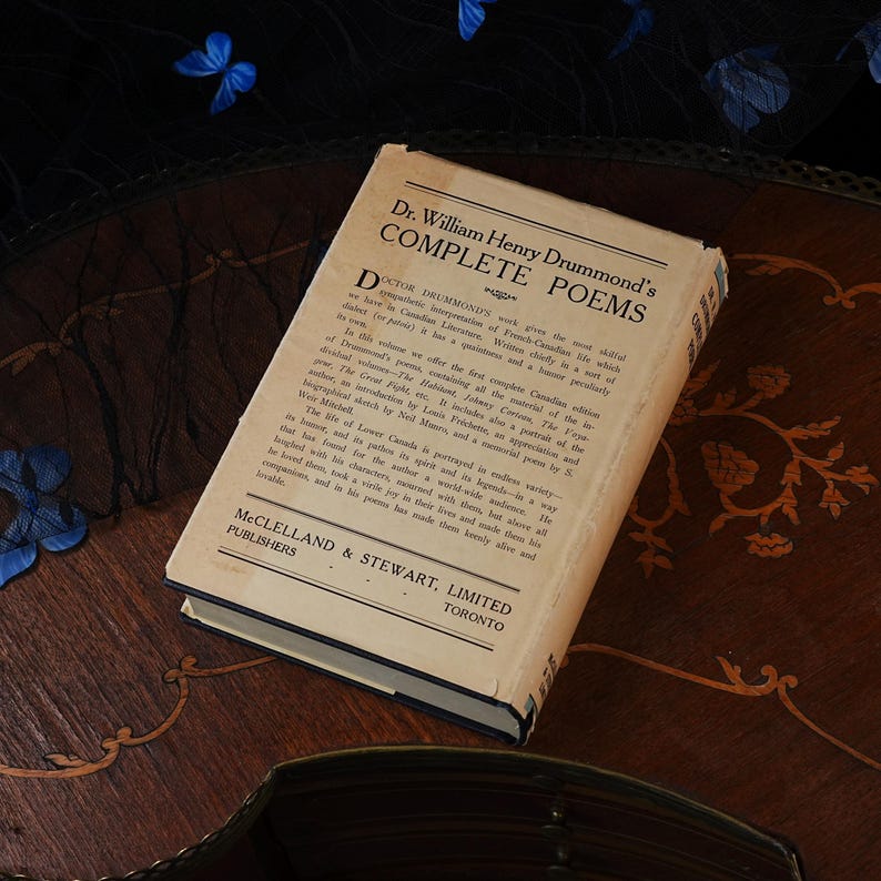 Poèmes complets du Dr W.H. Drummond (édition ancienne) – Première édition canadienne McClelland & Stewart, vers en dialecte local, jaquette, Toronto, 1926 image 5