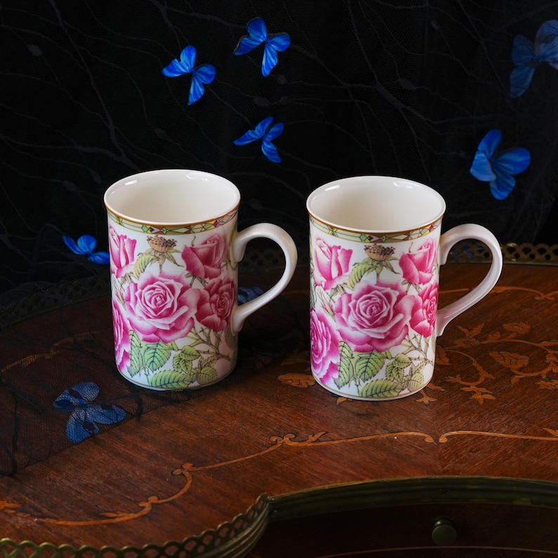 Vintage Royal Bone China Mug Pair – Collector's Series Botanical Pink Roses, Stained Glass Gilt Border, Matched Set, Thailand 1990s image 2