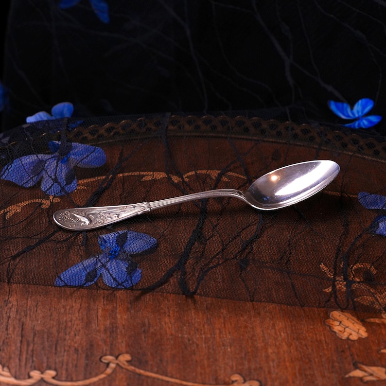 Puede incluir: Una cuchara de metal plateado con un mango en relieve que presenta un motivo detallado de un ave. La cuchara tiene un cuenco ovalado liso y pulido, y un cuello delgado y curvado que se une a un mango decorativo con grabados intrincados.