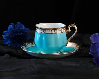 Zestaw spodków do filiżanki z porcelany kostnej Royal Albert Consort w kolorze turkusowym, kształt Chelsea, złoty kwiatowy wzór chinczowy, rzadki egzemplarz z Anglii z lat 60. XX wieku