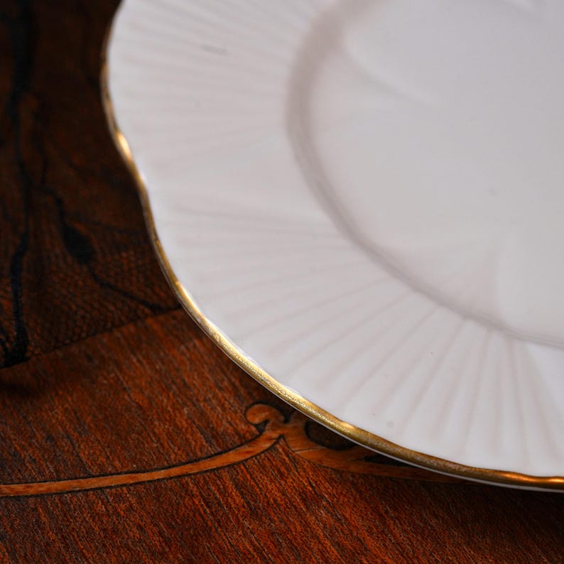 Vintage Shelley Dainty White Fluted Bone China Plate – Scalloped Gold Rim, Ribbed Radiating Panels, Salad Dessert Tea Dish, England 1950s image 5