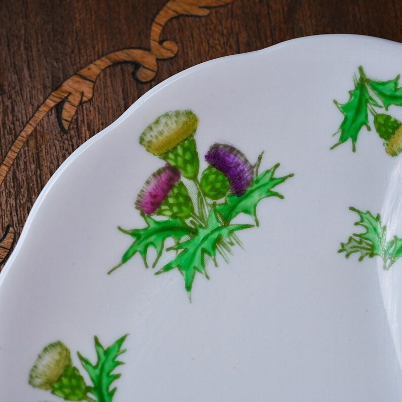 Puede incluir: Plato de cer&aacute;mica blanca con borde festoneado, decorado con cardos pintados a mano. Los cardos presentan colores morados, amarillos y verdes, con hojas verdes detalladas. El plato est&aacute; sobre un fondo de madera oscura.